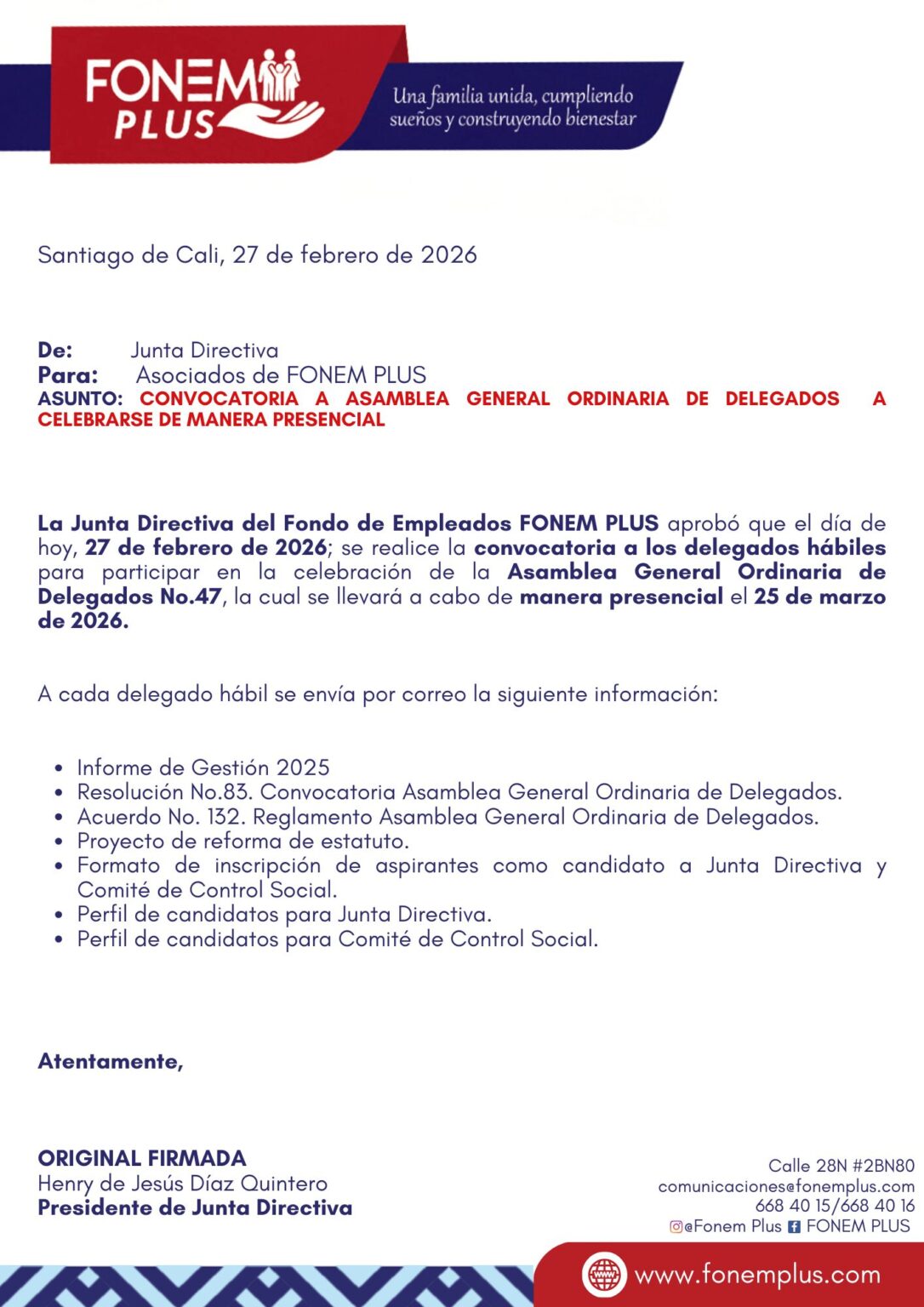 Convocatoria Asamblea general ordinaria de delegados 2026 - FONEM PLUS ...